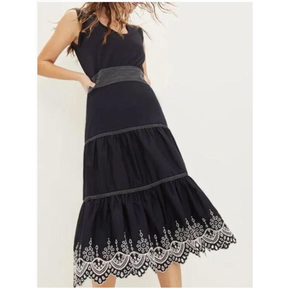 Veronica Beard Jeans Amaia Navy Eyelet Embroidered Tiered Midi Dress M